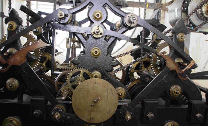 Photo of the interior of Knighton's town clock.